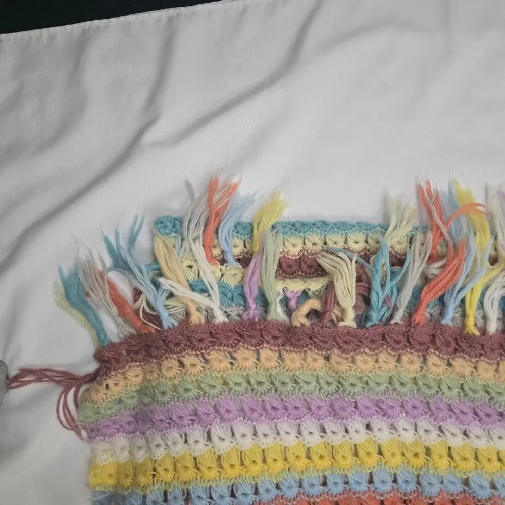 Handmade Rainbow Crochet Afghan Throw Blanket With Fringe Pastel Cottagecore